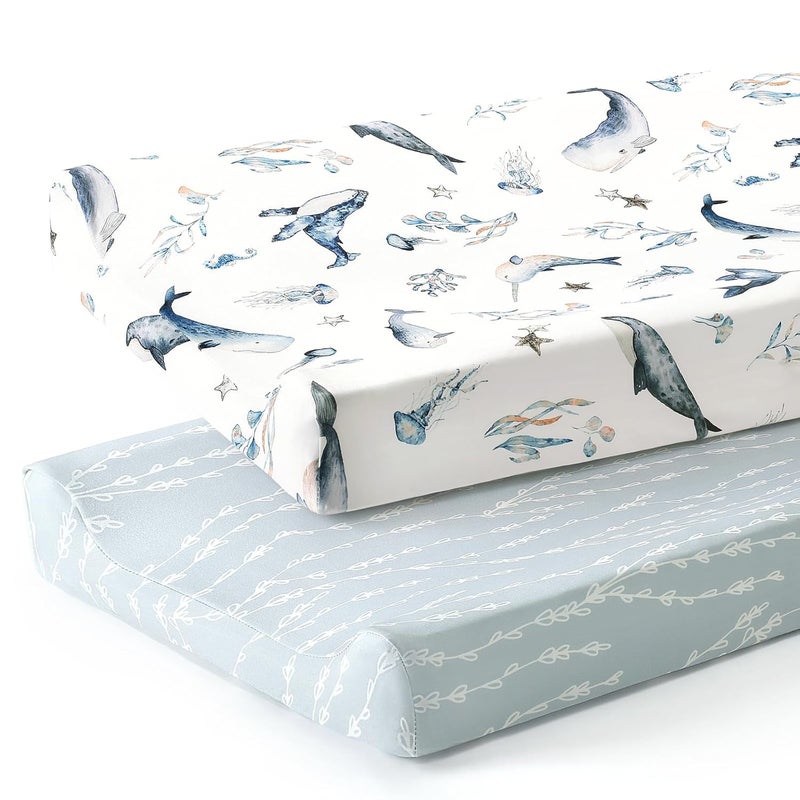 GRSSDER Stretch Ultra Soft Jersey Knit Changing Pad Cover Set 2 Pack, Change Table Pad Covers Fit 32"/34" x 16" Pads Safe and Snug, Sea Fish Print for Girls and Boys - Image 1